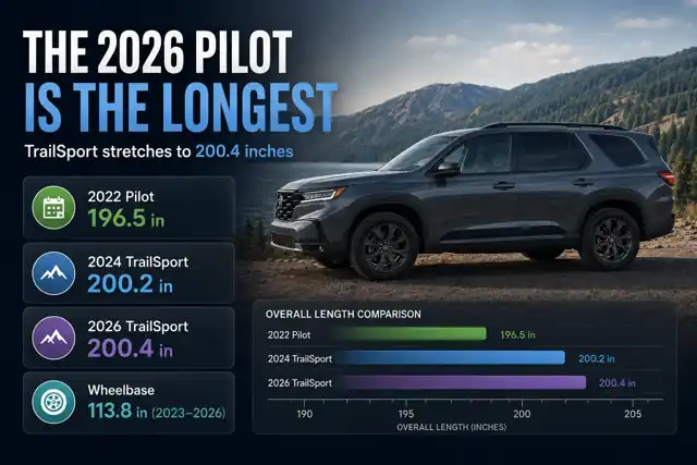 What Year Is the Largest Honda Pilot? 2026 Is Longest, but Cargo Is More Complicated 2022, 2024 and 2026 Honda Pilot length comparison showing the 2026 TrailSport at 200.4 inches