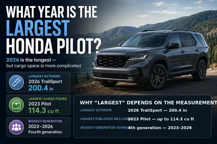 What year is the largest Honda Pilot? 2026 TrailSport length and cargo comparison