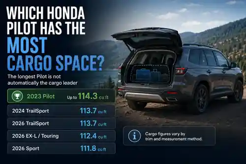 What Year Is the Largest Honda Pilot? 2026 Is Longest, but Cargo Is More Complicated Honda Pilot cargo space comparison showing 2023 Pilot up to 114.3 cubic feet and 2026 TrailSport at 113.7 cubic feet