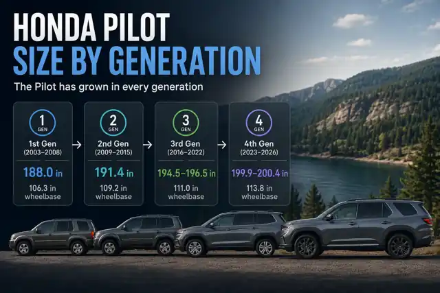 What Year Is the Largest Honda Pilot? 2026 Is Longest, but Cargo Is More Complicated Honda Pilot size by generation from 2003-2008 through 2023-2026, showing increasing length and wheelbase