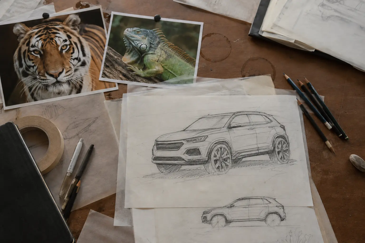Automotive design desk with tiger and iguana references beside a compact SUV sketch