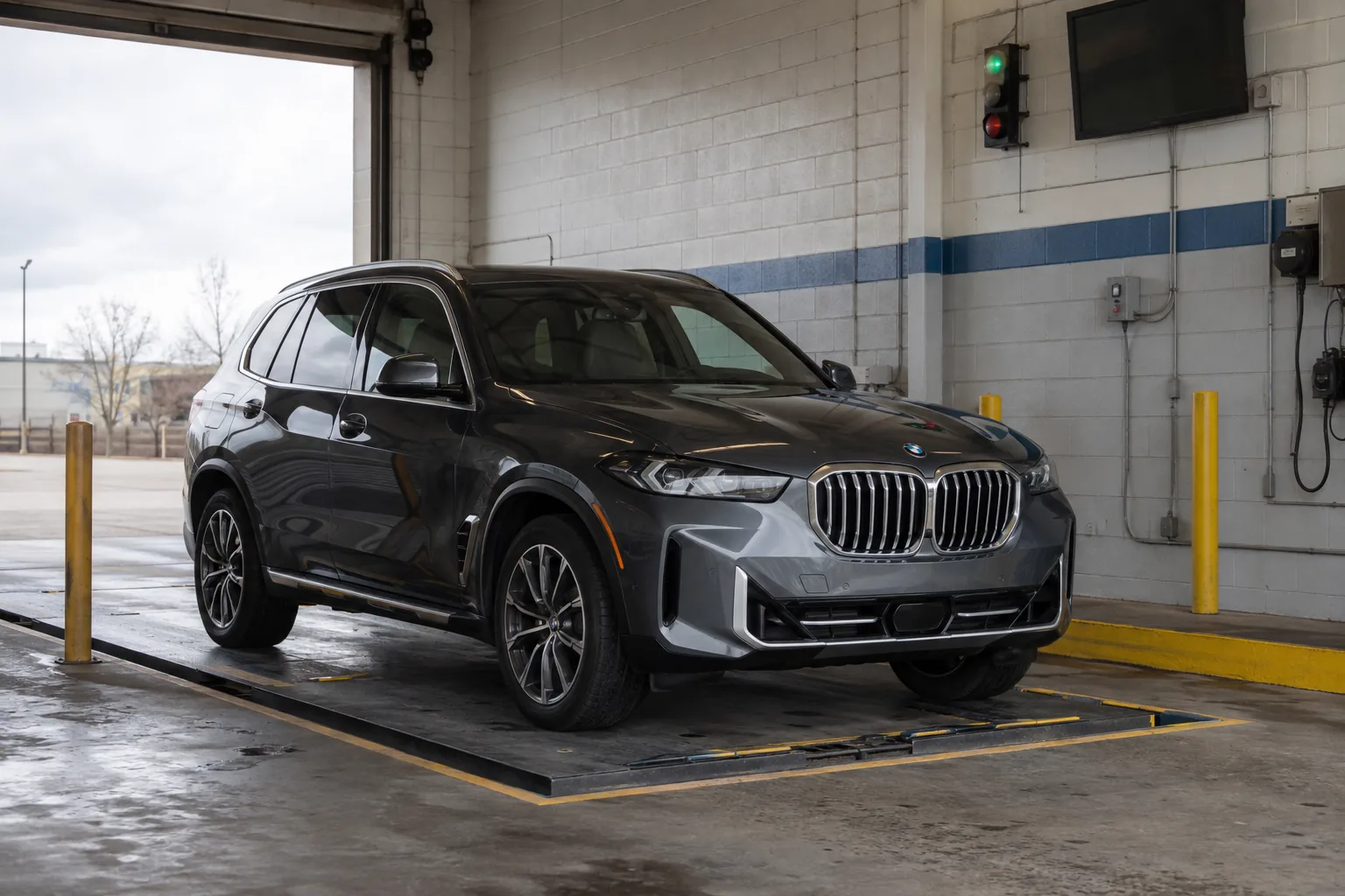 2026 BMW X5 positioned on a vehicle scale at an inspection facility