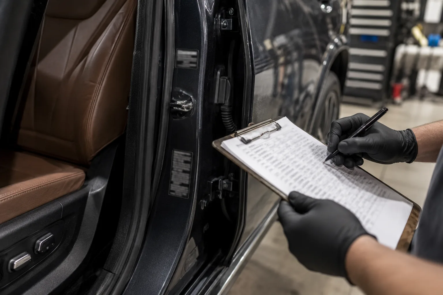 Technician checking the door-jamb weight label on a BMW X5